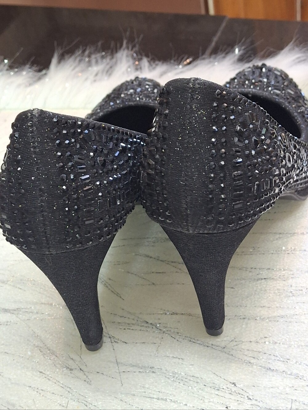 Silver Slipper Black Embellished Rhinestone Pumps Dress Heels Women Size 6 - Picture 9 of 16